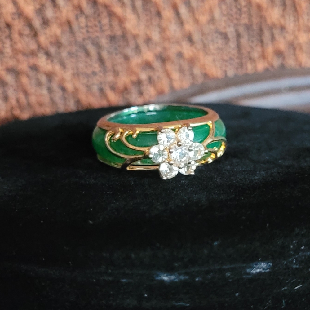 Green stone and gold tone with rhinestone ring